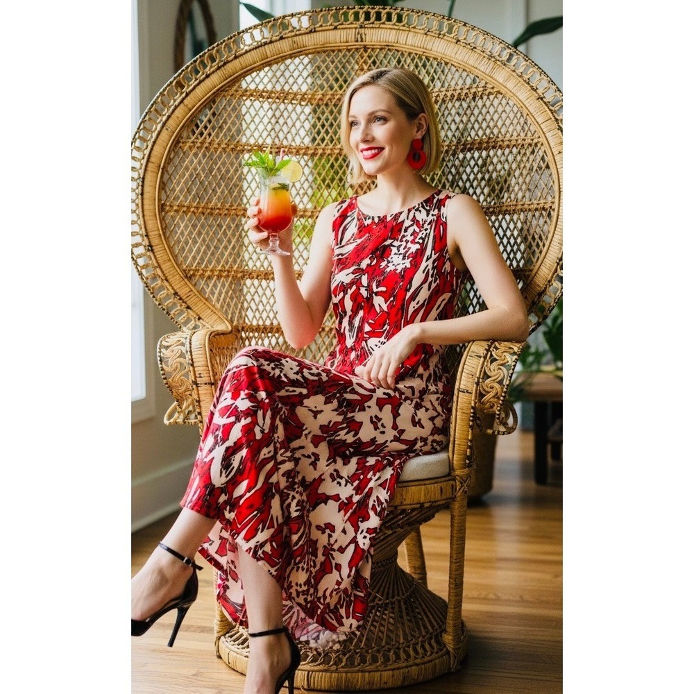 TravelSmith Red Floral‎ Maxi Dress Sleeveless Stretch Jersey Large Travelcore